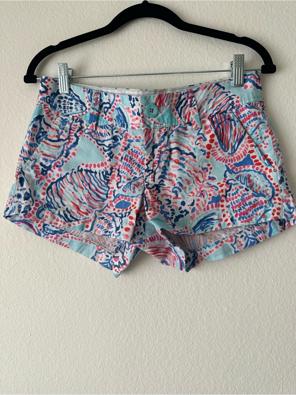Lilly Pulitzer Scalloped Hem Seashell Print Shorts Aqua Pink Blue Women's Size 0